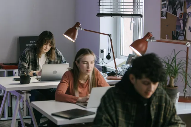 Três pessoas trabalhando em silêncio em mesas próximas de um escritório pequeno, cada uma diante do próprio laptop sob luminárias de mesa